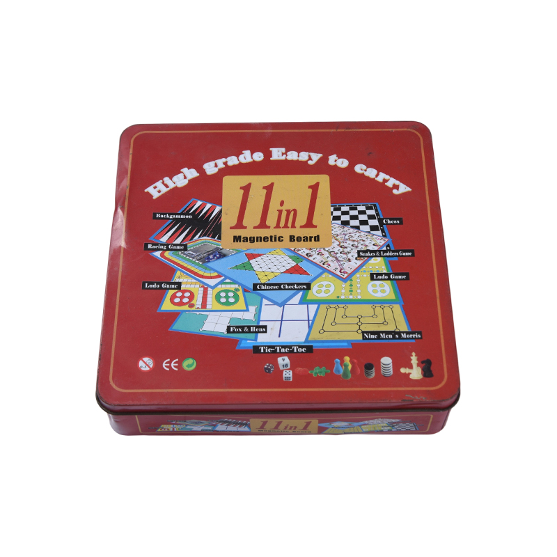 ชุดเกมกระดานแม่เหล็ก 11-in-1 ในกระป๋องโลหะสีแดง